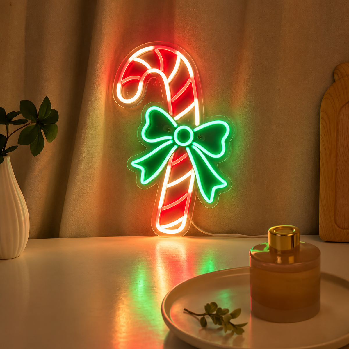 Click to view full size Candy Cane Neon Sign with Bow | Christmas LED Wall Light Business Neons