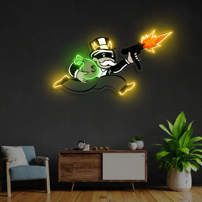 Violent Monopoly Gun UV Art Led Neon sign x Acrylic Artwork illuminating creativity at manhattanneons.com